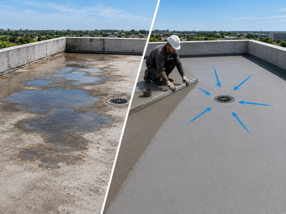 Before and after roof leveling to fix water ponding
