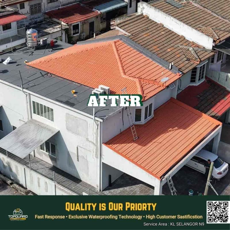 Before and after roof refurbishment with roof coating on a house in Petaling Jaya