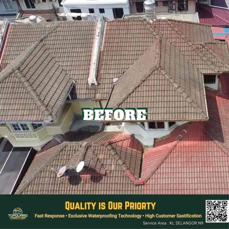 Before and after roof refurbishment with roof coating on a house in Petaling Jaya